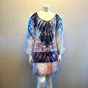 Beautiful boho bohemian women’s tunic dress. Cut out shoulders. Lined. Sequins